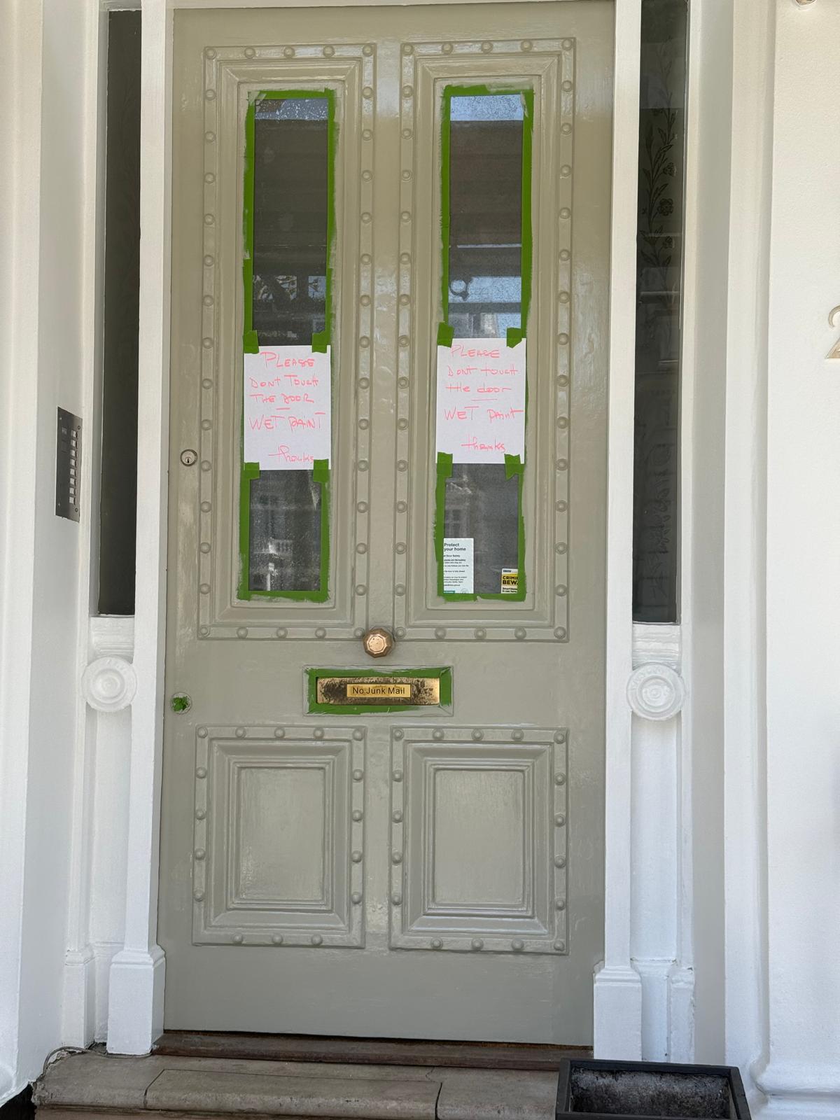 Sage green front door detail